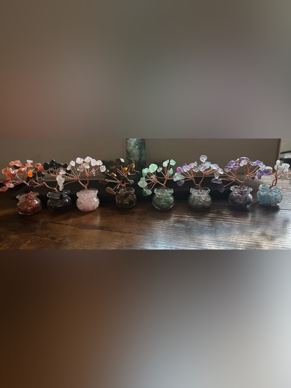 🌈 8pc Handmade Natural Gemstone Tree Miniature Glass Pot Collection